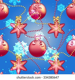 Christmas ball pattern, New year decorations. vector. Wallpaper with bow and ribbon. Sparkles and bokeh. Shiny and glowing