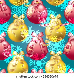 Christmas ball pattern, New year decorations. vector. Wallpaper with bow and ribbon. Sparkles and bokeh. Shiny and glowing