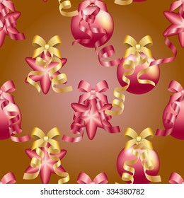 Christmas ball pattern, New year decorations. vector. Wallpaper with bow and ribbon. Sparkles and bokeh. Shiny and glowing