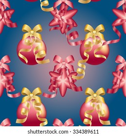 Christmas ball pattern, New year decorations. vector. Wallpaper with bow and ribbon. Sparkles and bokeh. Shiny and glowing