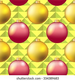 Christmas ball pattern, New year decorations. vector. Wallpaper with bow and ribbon. Sparkles and bokeh. Shiny and glowing