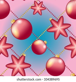 Christmas ball pattern, New year decorations. vector. Wallpaper with bow and ribbon. Sparkles and bokeh. Shiny and glowing