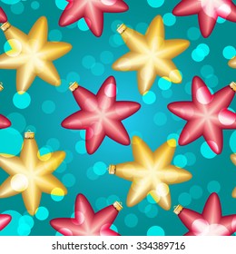 Christmas ball pattern, New year decorations. vector. Wallpaper with bow and ribbon. Sparkles and bokeh. Shiny and glowing