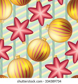 Christmas ball pattern, New year decorations. vector. Wallpaper with bow and ribbon. Sparkles and bokeh. Shiny and glowing