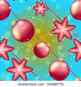 Christmas ball pattern, New year decorations. vector. Wallpaper with bow and ribbon. Sparkles and bokeh. Shiny and glowing