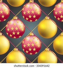Christmas ball pattern, New year decorations. vector. Wallpaper with bow and ribbon. Sparkles and bokeh. Shiny and glowing