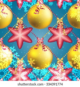 Christmas ball pattern, New year decorations. vector. Wallpaper with bow and ribbon. Sparkles and bokeh. Shiny and glowing