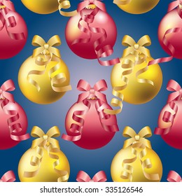 Christmas ball pattern, New year decorations. vector. Wallpaper with bow and ribbon. Sparkles and bokeh. Shiny and glowing