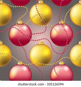 Christmas ball pattern, New year decorations. vector. Wallpaper with bow and ribbon. Sparkles and bokeh. Shiny and glowing
