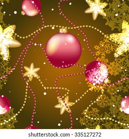 Christmas ball pattern, New year decorations. vector. Wallpaper with bow and ribbon. Sparkles and bokeh. Shiny and glowing