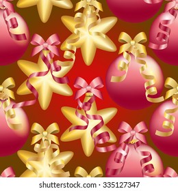 Christmas ball pattern, New year decorations. vector. Wallpaper with bow and ribbon. Sparkles and bokeh. Shiny and glowing