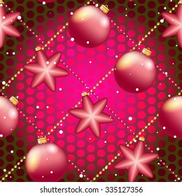 Christmas ball pattern, New year decorations. vector. Wallpaper with bow and ribbon. Sparkles and bokeh. Shiny and glowing