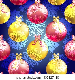 Christmas ball pattern, New year decorations. vector. Wallpaper with bow and ribbon. Sparkles and bokeh. Shiny and glowing