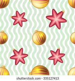 Christmas ball pattern, New year decorations. vector. Wallpaper with bow and ribbon. Sparkles and bokeh. Shiny and glowing