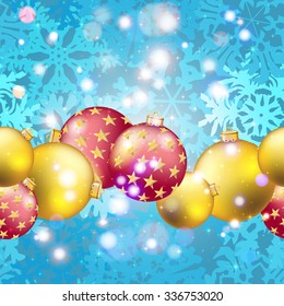 Christmas ball pattern, New year decorations. vector. Wallpaper with bow and ribbon. Sparkles and bokeh. Shiny and glowing