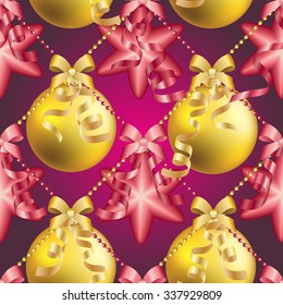 Christmas ball pattern, New year decorations. vector. Wallpaper with bow and ribbon. Sparkles and bokeh. Shiny and glowing
