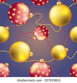Christmas ball pattern, New year decorations. vector. Wallpaper with bow and ribbon. Sparkles and bokeh. Shiny and glowing