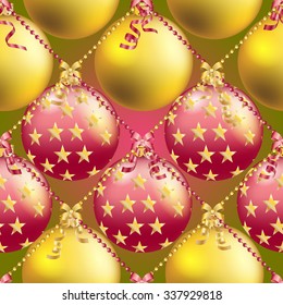 Christmas ball pattern, New year decorations. vector. Wallpaper with bow and ribbon. Sparkles and bokeh. Shiny and glowing