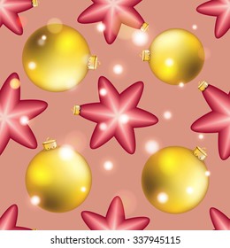 Christmas ball pattern, New year decorations. vector. Wallpaper with bow and ribbon. Sparkles and bokeh. Shiny and glowing