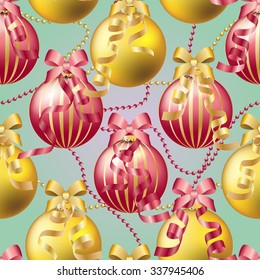 Christmas ball pattern, New year decorations. vector. Wallpaper with bow and ribbon. Sparkles and bokeh. Shiny and glowing