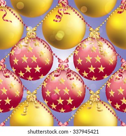 Christmas ball pattern, New year decorations. vector. Wallpaper with bow and ribbon. Sparkles and bokeh. Shiny and glowing