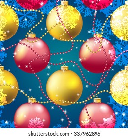 Christmas ball pattern, New year decorations. vector. Wallpaper with bow and ribbon. Sparkles and bokeh. Shiny and glowing