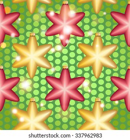 Christmas ball pattern, New year decorations. vector. Wallpaper with bow and ribbon. Sparkles and bokeh. Shiny and glowing