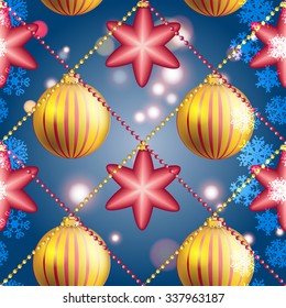 Christmas ball pattern, New year decorations. vector. Wallpaper with bow and ribbon. Sparkles and bokeh. Shiny and glowing