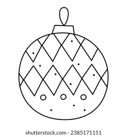 Balón de Navidad con un patrón de rombos y círculos. Ilustración de clípart en blanco y negro del vector Doodle.