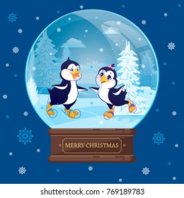 Christmas ball with penguins ice-skating in the winter forest. Vector