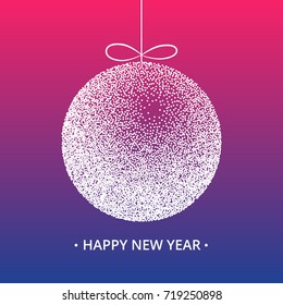 Christmas ball in pink and purple background. Happy New Year lettering. Vector illustration for greeting card