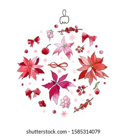Christmas ball from poinsettia, ribbon bows, berries, snowflakes. Holiday red decorations. For postcards, greetings, cards, logo. Hand drawn design elements with watercolor texture. Festive backdrop.