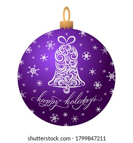 Christmas ball of purple color with a patterned bell, lettering Happy Holidays, snowflakes. Merry Christmas decoration. New Year. Isolated object white background. Vector illustration. Template.