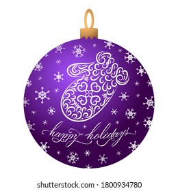 Christmas ball of purple color with a patterned mitten, lettering Happy Holidays, snowflakes. Merry Christmas decoration. New Year. Isolated object white background. Vector illustration. Template.