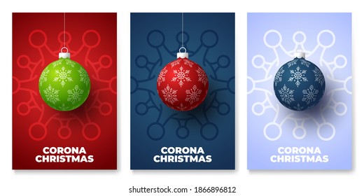 christmas ball and Quarantine coronavirus danger poster set. Coronavirus Covid-19 and christmas or new year canceled concept. Vector illustration