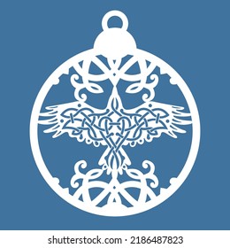 Christmas Ball With Raven And Scandinavian Viking Ornament. Hanging Decoration Template For Yule Celebration, New Year Party Invitations. Suitable For Laser, Plotter Cutting Or Printing.