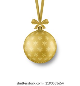 Christmas ball. Realistic gold Xmas ball with snowflakes decor, ribbon and bow