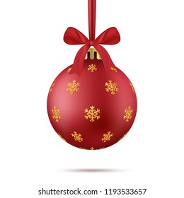 Christmas ball. Realistic red Xmas ball with gold glitter snowflakes decor, ribbon and bow