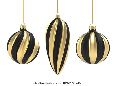 Christmas ball in realistic style on white background. Black and Gold vertical spiral. Vector illustration