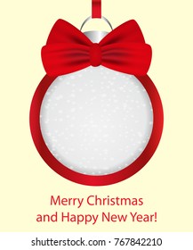 Christmas ball with red bow. Decoration frame for banner, card, poster. Vector illustration.
