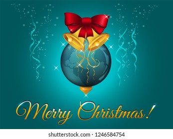 Christmas ball with red bow and golden bells, xmas earth pattern sphere, vector illustration