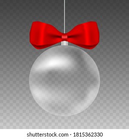 Christmas ball with red bow on transparent background. Stocking Christmas decorations. 