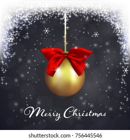 Christmas ball with a red bow on the dark bokeh background with falling snow. Vector Illustration.