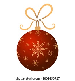 Christmas ball of red color with a gold patterned star anise and snowflakes. Decoration. Merry Christmas. Happy New Year. Isolated object white background. Stock vector illustration. Template.