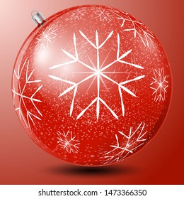 Christmas ball of red color with a pattern of white snowflakes and a snow blizzard. Realistic vector image of a ball for a Christmas tree on a red background with a gradient.