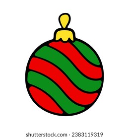 Christmas ball in red and green colors. Decoration, decorate, tree, new year, eve, december 25, winter, holiday atmosphere, celebrate, family celebration, traditions. Colorful icon