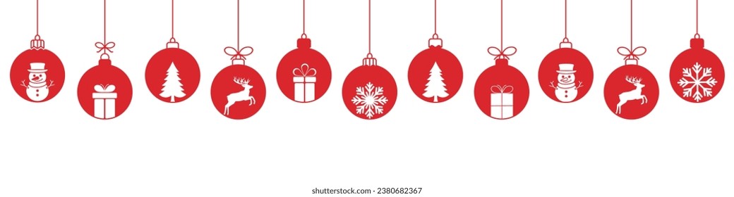 Icono de la línea roja de la bola de Navidad. Conjunto de bolas de navidad colgantes simples borde sin fisuras. Decoración navideña de navidad navideña. Banner impecable de Año Nuevo.