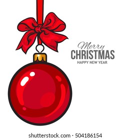 Christmas ball with red ribbon and bow, vector greeting card template with white background. Shiny Christmas decoration ball of solid red color, greeting card template for Christmas and New Year Eve