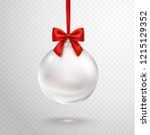Christmas ball with red ribbon isolated on transparent background. Clear crystal Christmas tree toy. Vector translucent glass xmas bauble template.