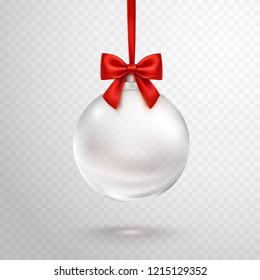 Christmas Ball With Red Ribbon Isolated On Transparent Background. Clear Crystal Christmas Tree Toy. Vector Translucent Glass Xmas Bauble Template.